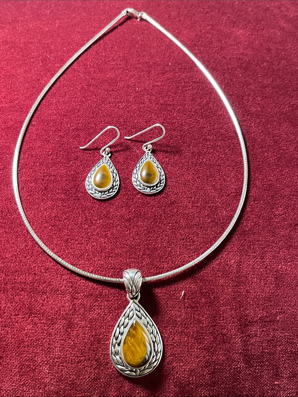 Sterling Silver Tiger Eye Teardrop Necklace and Earrings